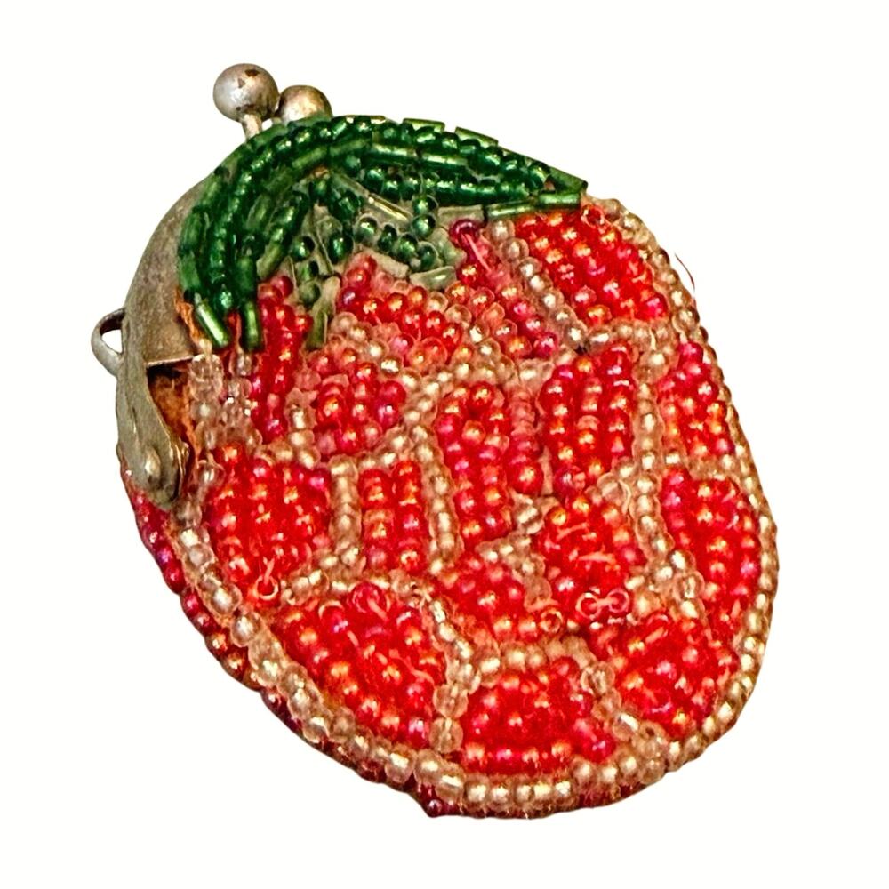 Beaded Strawberry Coin Purse • Vintage Style • 2.5” • Charm Loop
